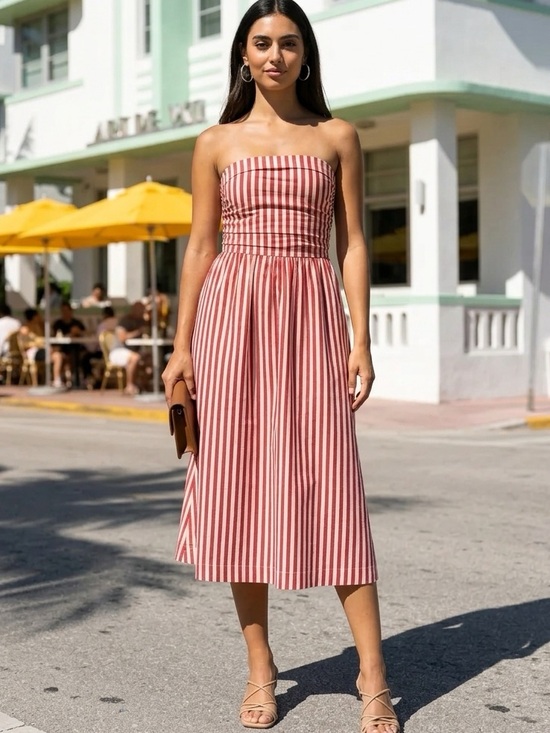 Pinch Dresses & Skirts - Pinch Striped Pink & Red Strapless midi dress Women’s size large nwt